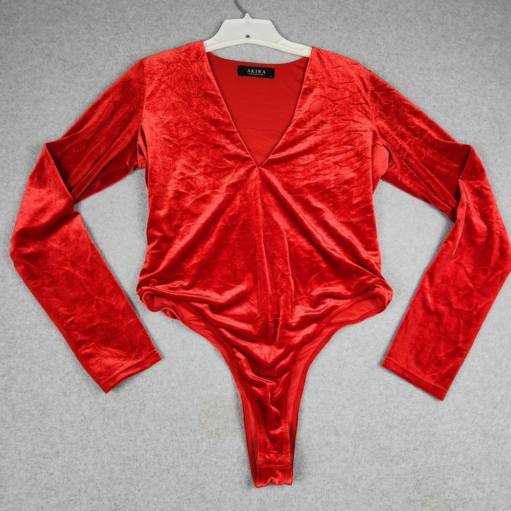 AKIRA Bodysuit Womens Large Red V Neck Stretch Crushed Velvet Casual Clubwear